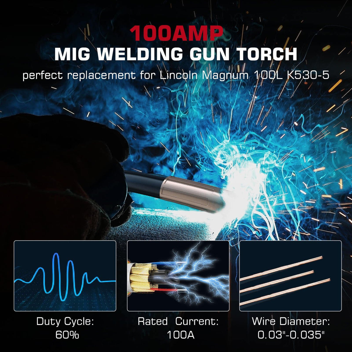 Lincoln Magnum 100L MIG Welding Gun K530-5 Replacement 100Amp 10ft Gun