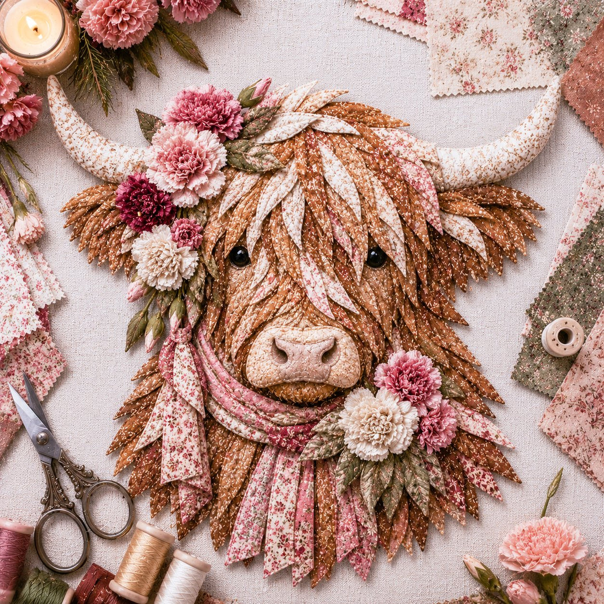 🐮💐🌸 Birth Flower Highland Cow 3D Layered Fabric Art DIY Kit (Beginner-friendly) 🔥