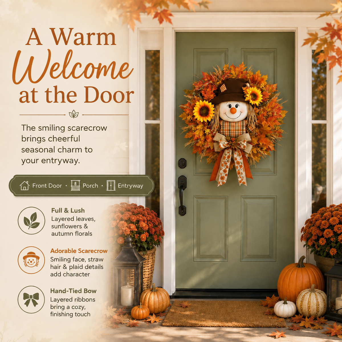 🔥🍁 Fall Favorite – Lighted Scarecrow Front Door Wreath (🔥With lights)