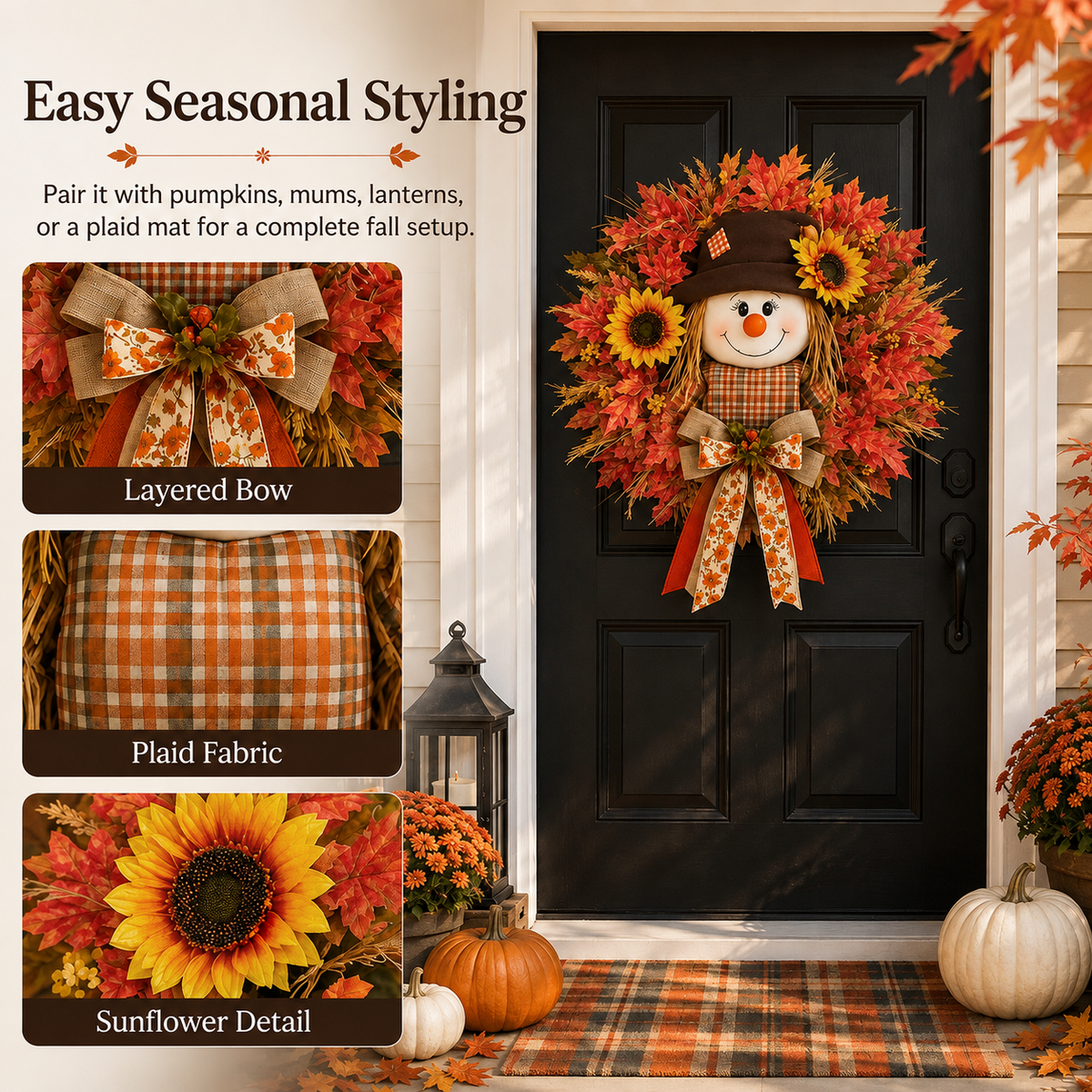 🔥🍁 Fall Favorite – Lighted Scarecrow Front Door Wreath (🔥With lights)
