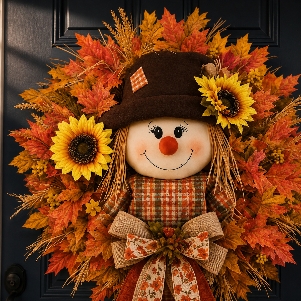 🔥🍁 Fall Favorite – Lighted Scarecrow Front Door Wreath (🔥With lights)