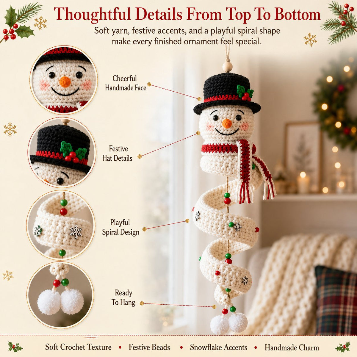 🔥 LAST DAY 49% OFF – ☃️ Crochet Snowman Spiral Ornament DIY Kit | Complete Beginner-Friendly Set with Soft Yarn, Crochet Hook, Festive Beads, Snowflakes & Step-by-Step Guide 🧶🎄✨