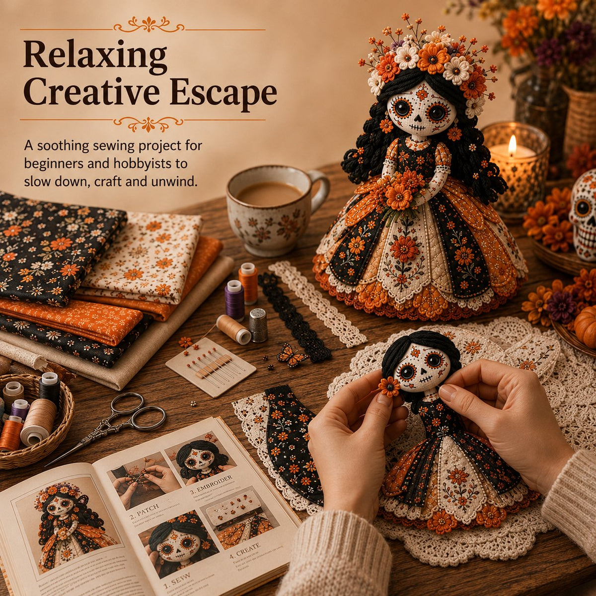 🎃 Day of the Dead Patchwork Doll DIY Sewing Kit – Handmade Fabric Doll Making Kit with Floral Details