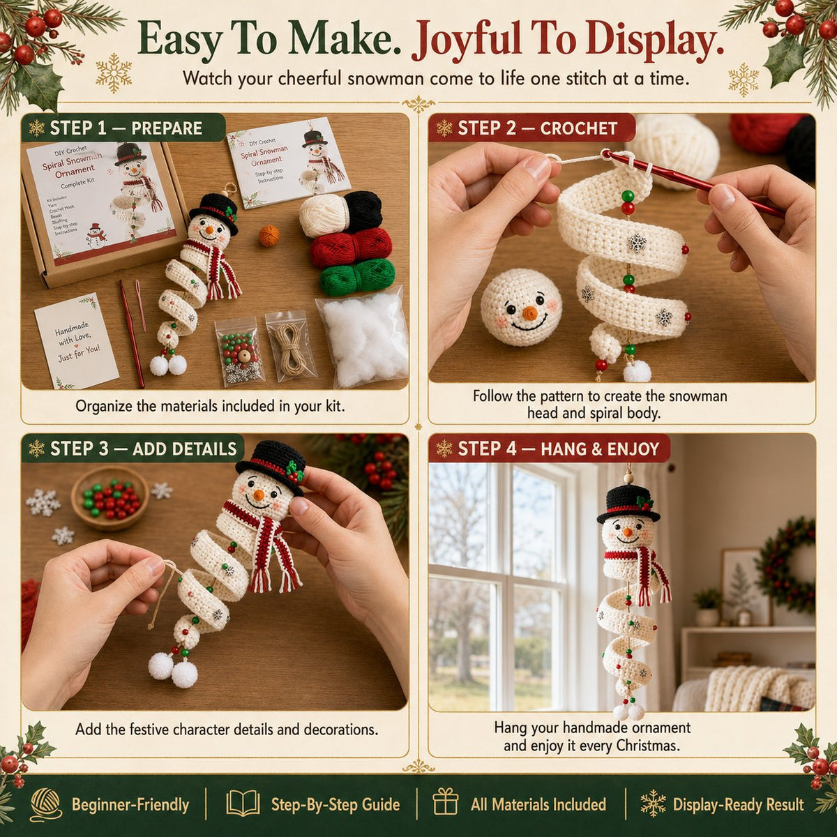🔥 LAST DAY 49% OFF – ☃️ Crochet Snowman Spiral Ornament DIY Kit | Complete Beginner-Friendly Set with Soft Yarn, Crochet Hook, Festive Beads, Snowflakes & Step-by-Step Guide 🧶🎄✨