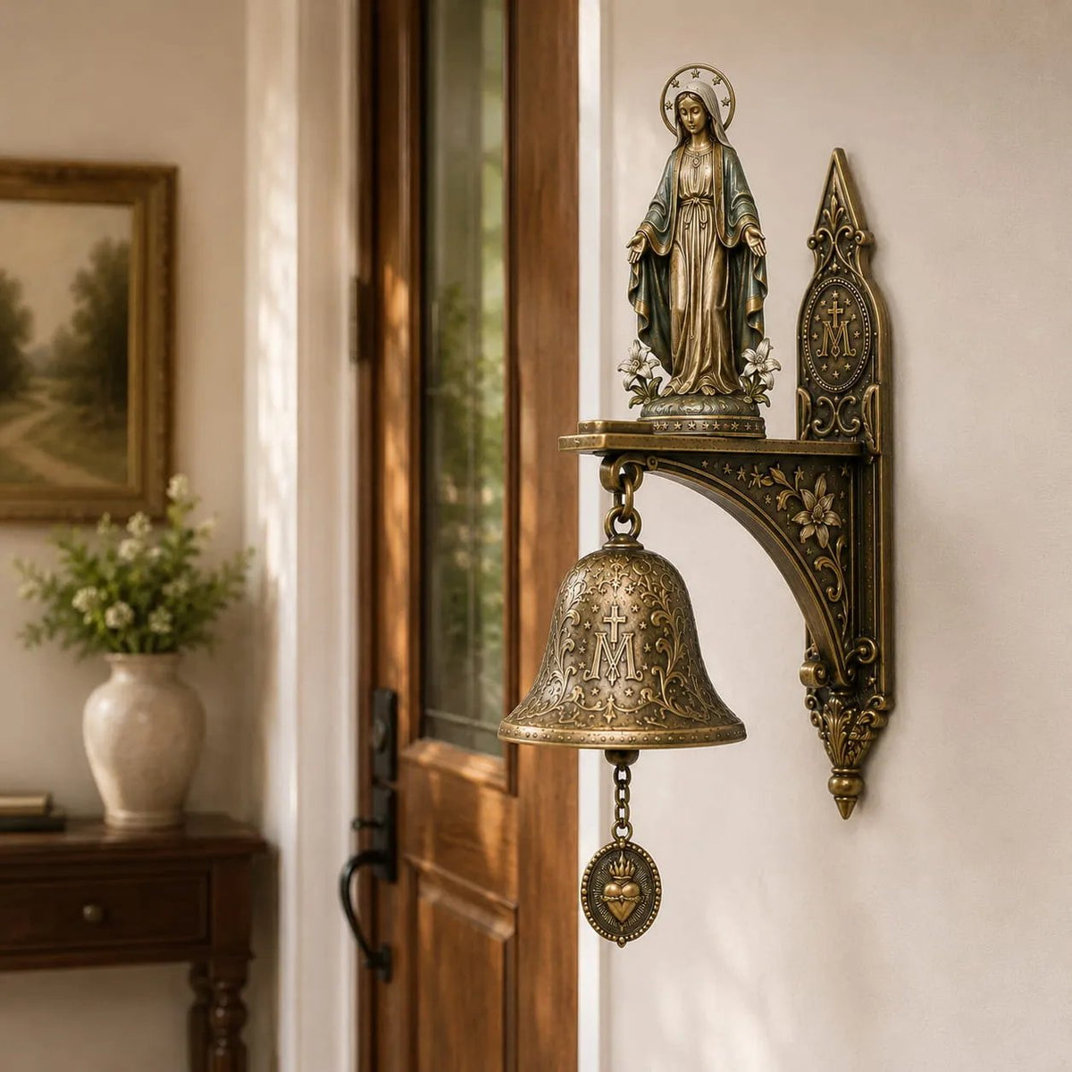 Our Lady of Grace Bronze Miraculous Medal Wall Bell | 🙏Catholic Religious Home & Garden Decor"✨