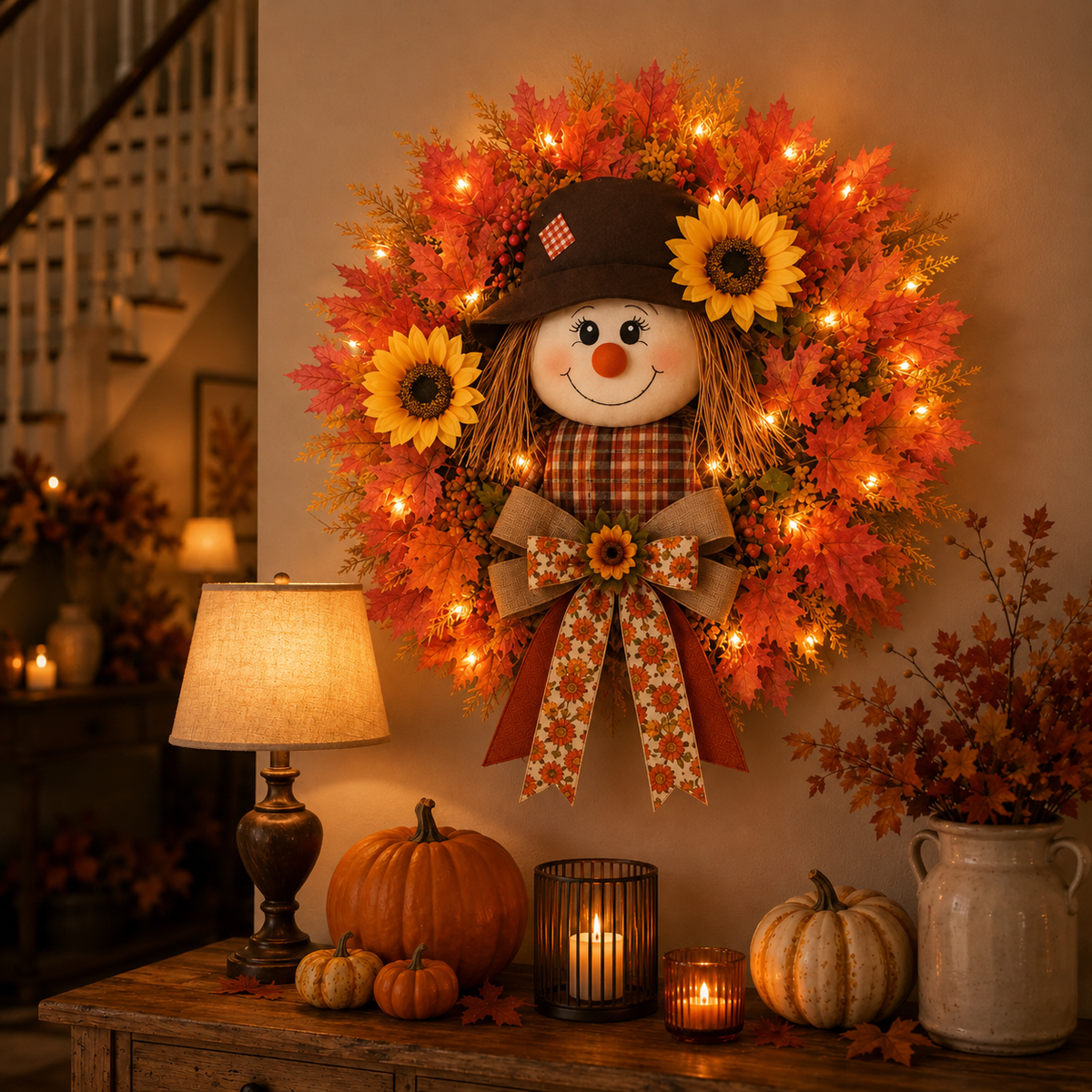 🔥🍁 Fall Favorite – Lighted Scarecrow Front Door Wreath (🔥With lights)