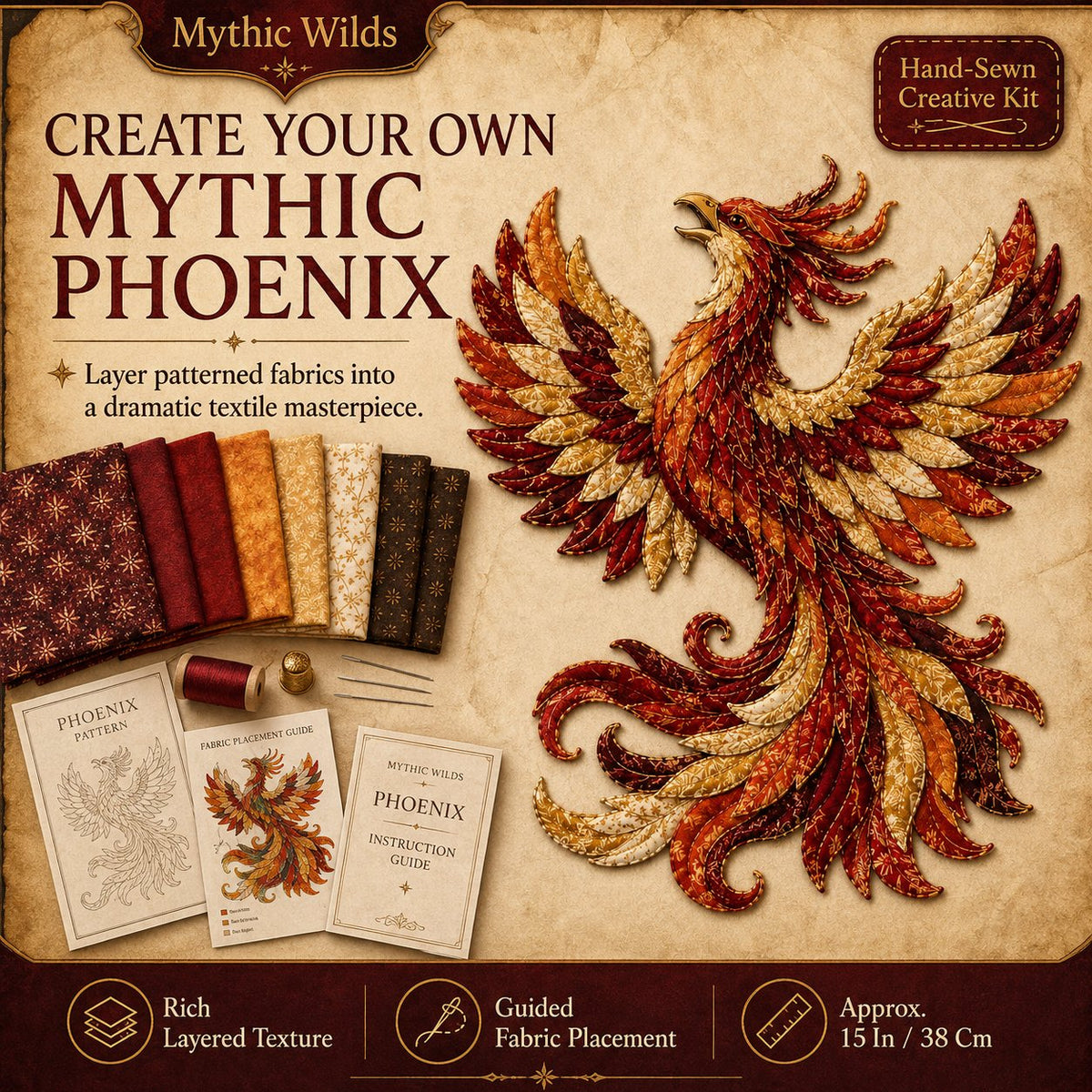 ⏳🌙 Beginner-Friendly Mythic Wilds DIY Layered Patchwork Art Kit | Complete Kit with Patterned Fabrics, Sewing Materials & Step-by-Step Guide Included 💕