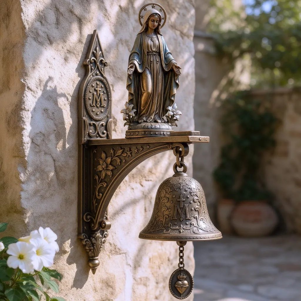 Our Lady of Grace Bronze Miraculous Medal Wall Bell | 🙏Catholic Religious Home & Garden Decor"✨