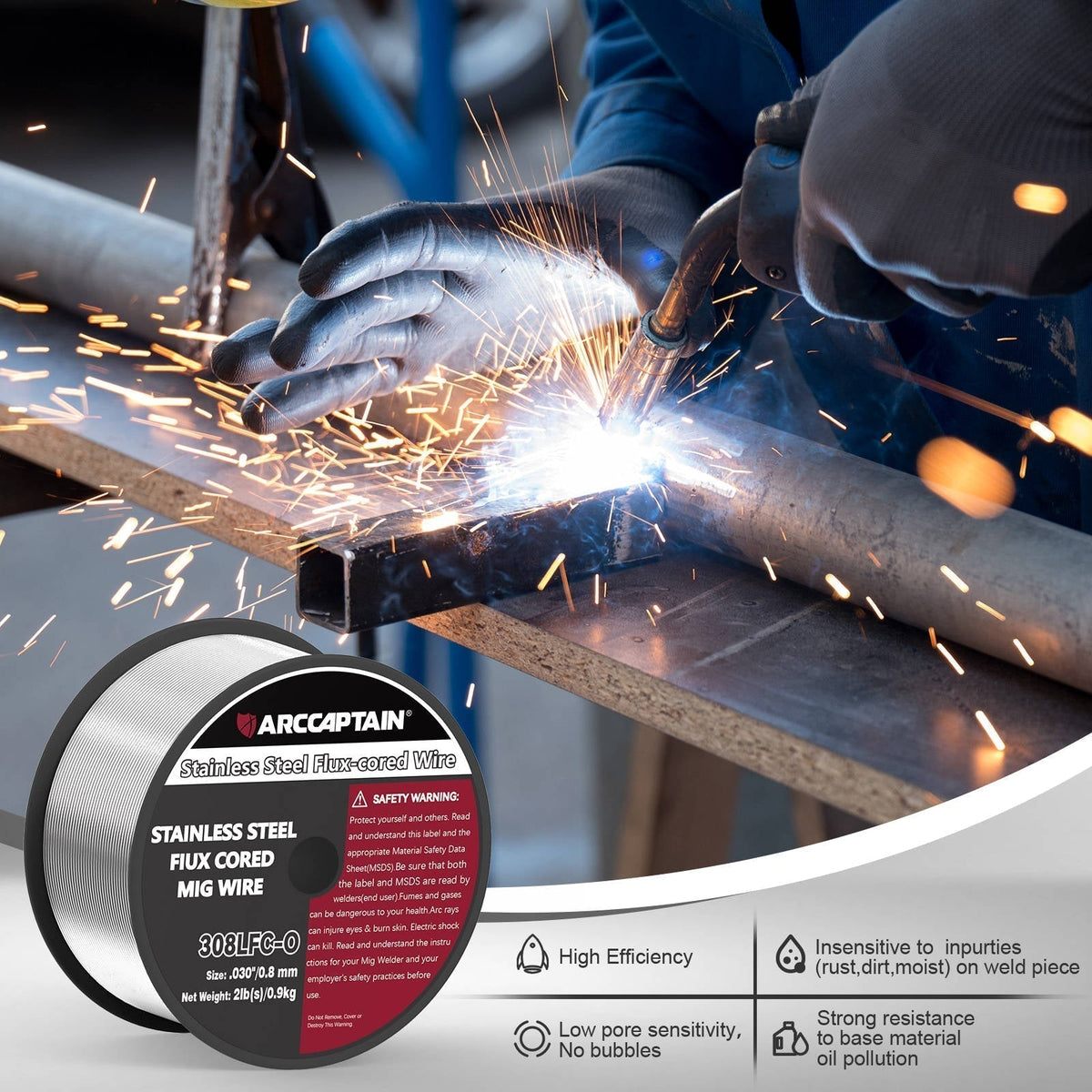 ARCCAPTAIN E308LFC-O Flux Cored Wire 2 Lbs Stainless Steel MIG Welding Wire