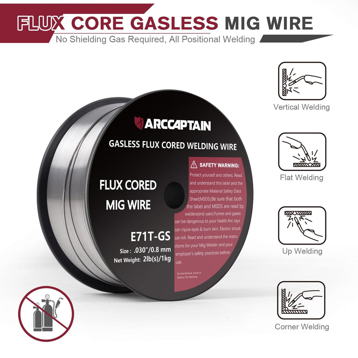 Arccaptain ‎E71T-GS Flux Core Wire 2 Lbs Spool Gasless Carbon Steel MIG Wire