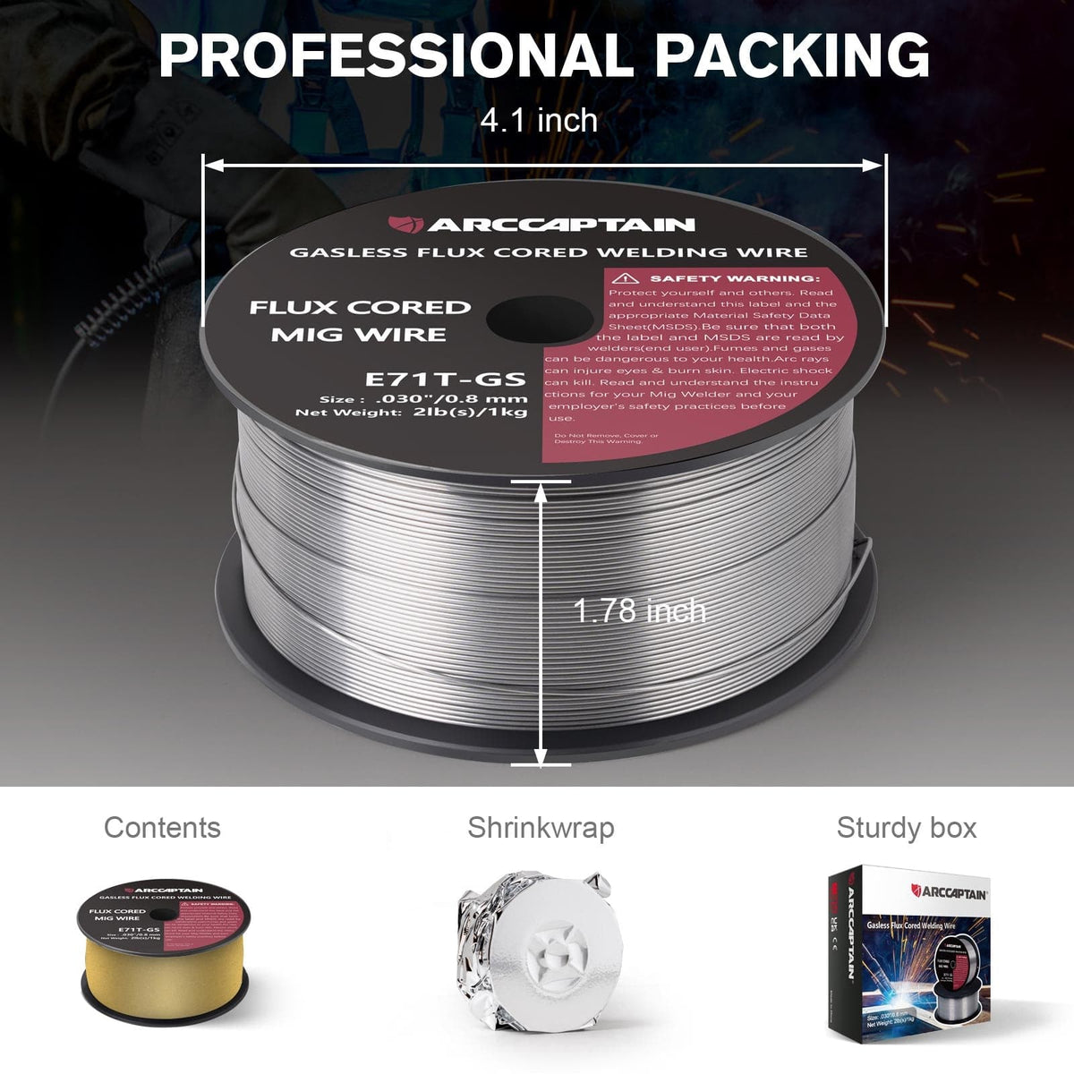 Arccaptain ‎E71T-GS Flux Core Wire 2 Lbs Spool Gasless Carbon Steel MIG Wire